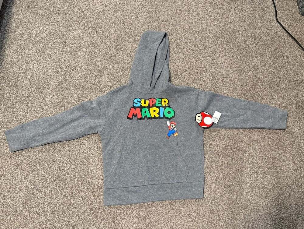 NWT Old Navy  Super Mario Logo Pullover Hoodie Heather Gray Size M(8)